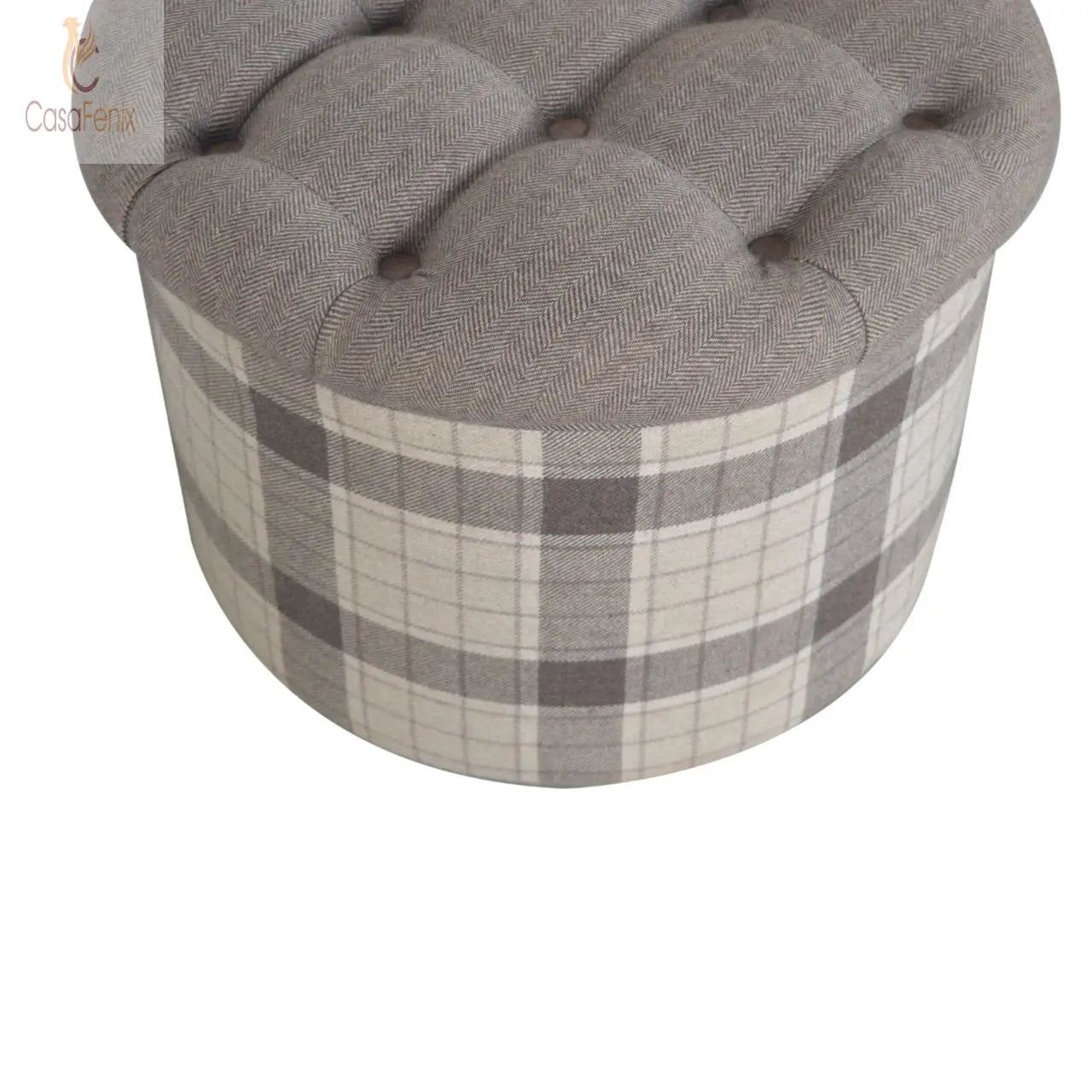 Deep Button Round Checked Footstool Solid Mango Wood Feet - CasaFenix