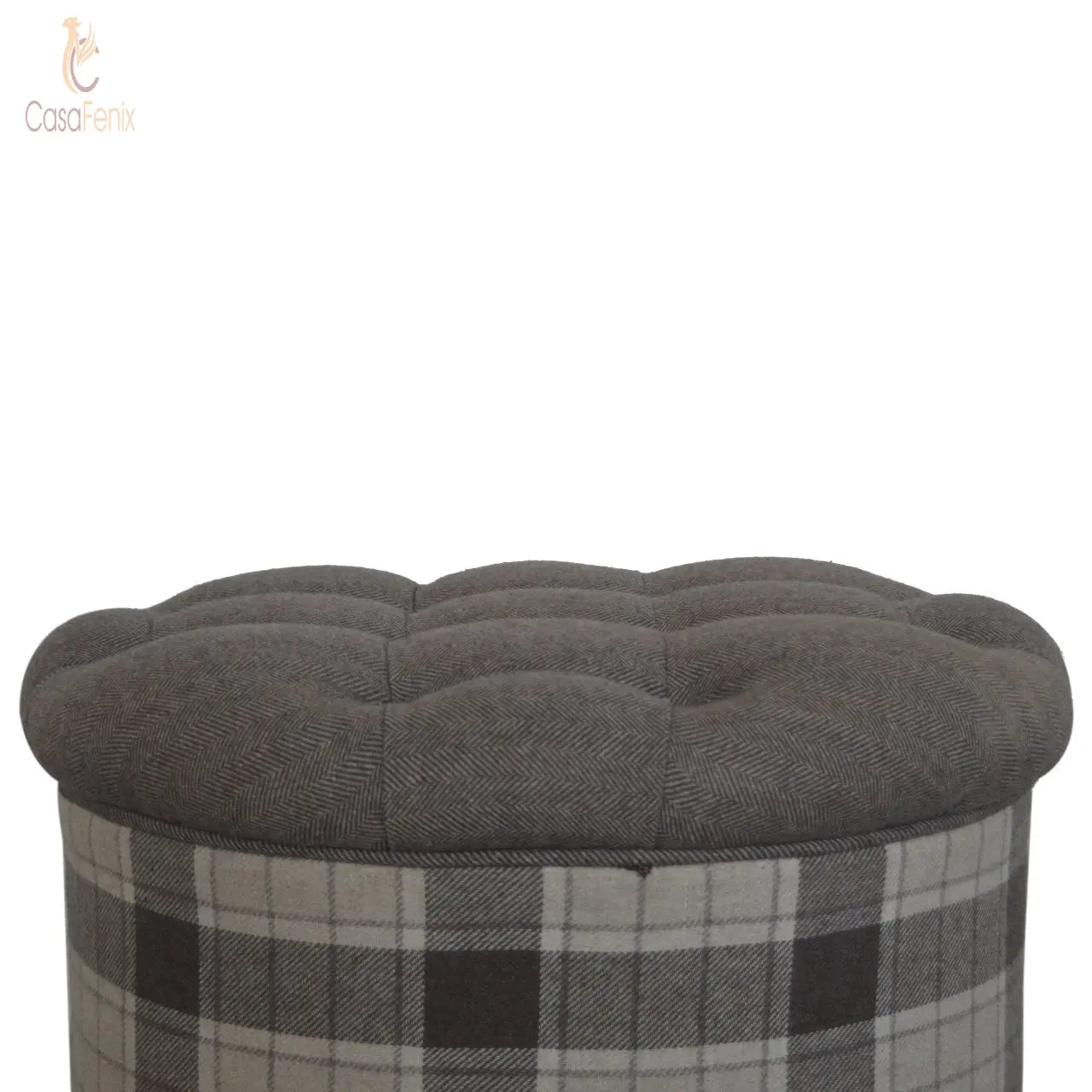 Deep Button Round Checked Footstool Solid Mango Wood Feet - CasaFenix