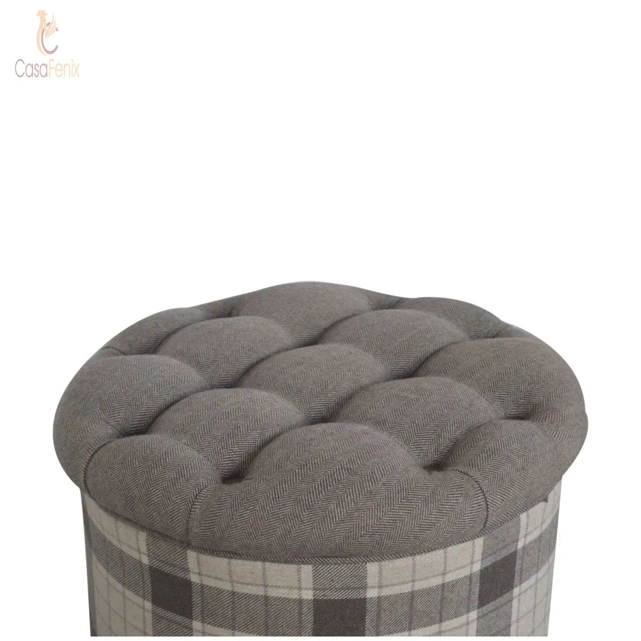 Deep Button Round Checked Footstool Solid Mango Wood Feet - CasaFenix