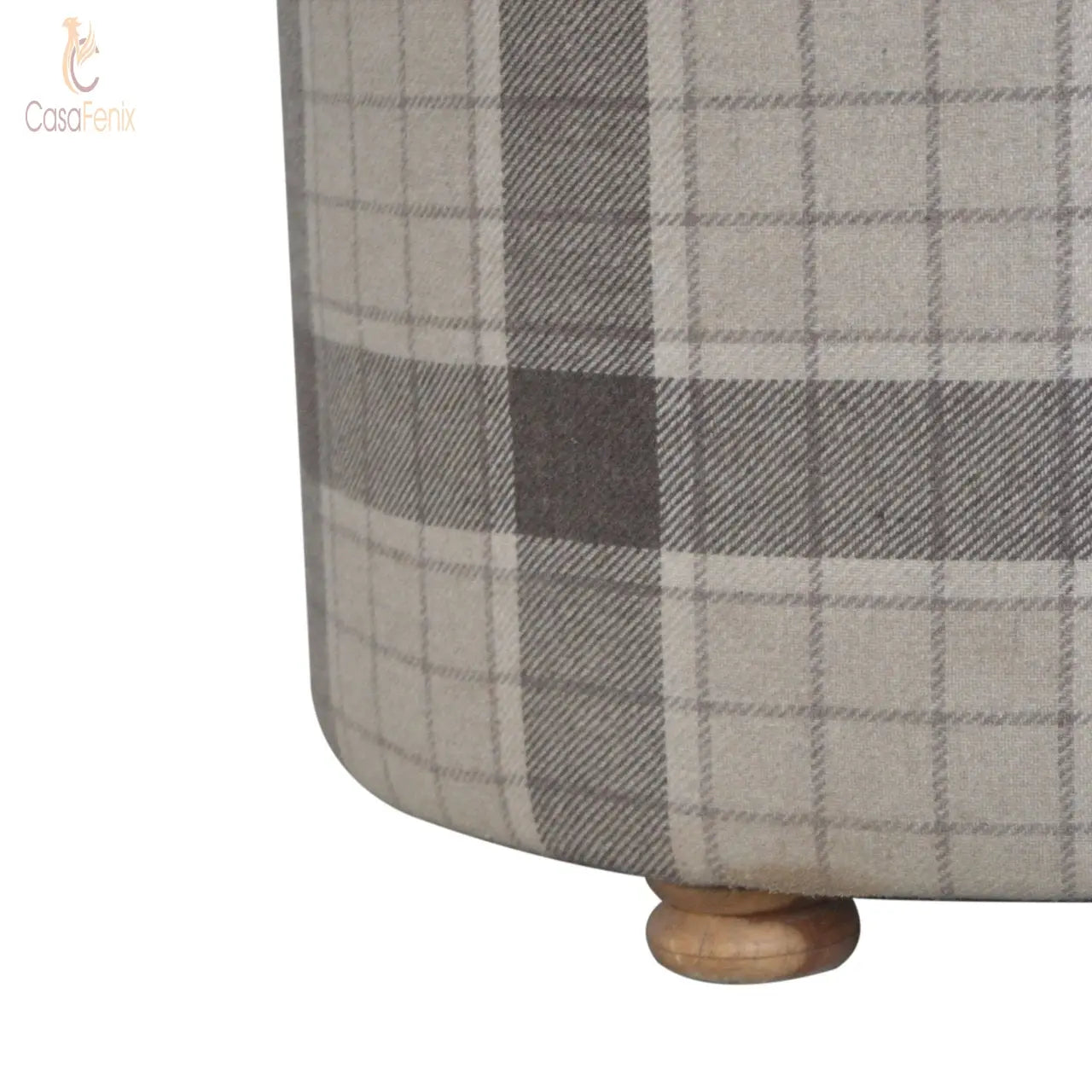 Deep Button Round Checked Footstool Solid Mango Wood Feet - CasaFenix