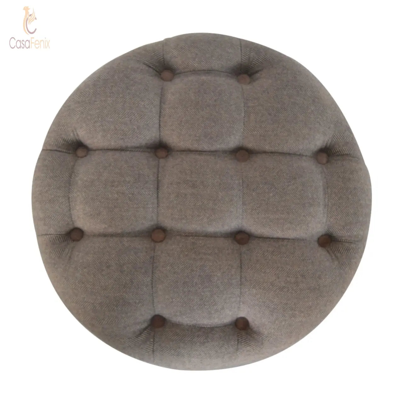 Deep Button Round Checked Footstool Solid Mango Wood Feet - CasaFenix