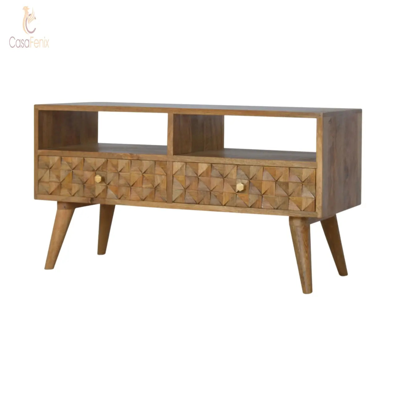 Diamond Carved TV Unit 2 Drawers Solid Wood Oak-Ish FInish - CasaFenix