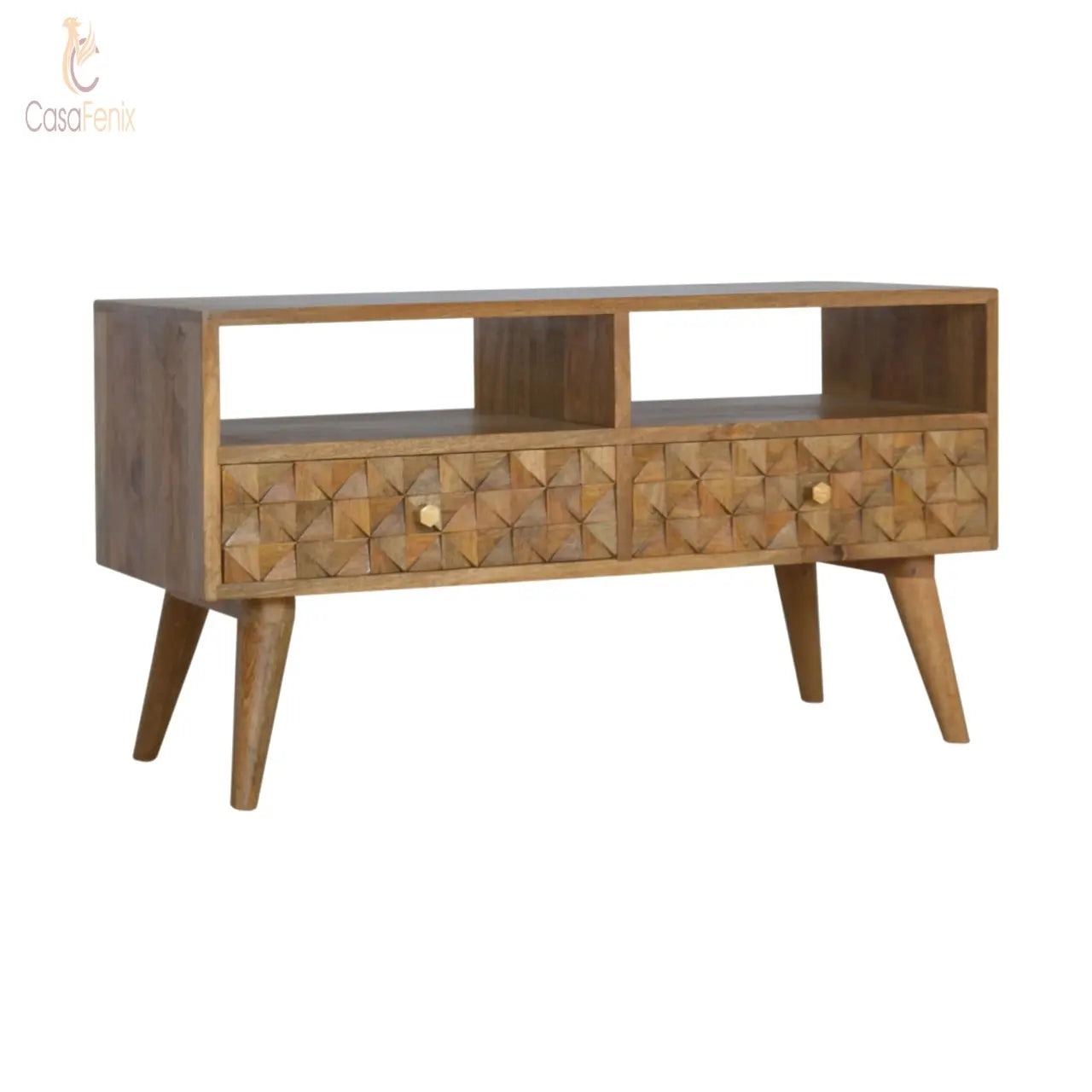 Diamond Carved TV Unit 2 Drawers Solid Wood Oak-Ish FInish - CasaFenix