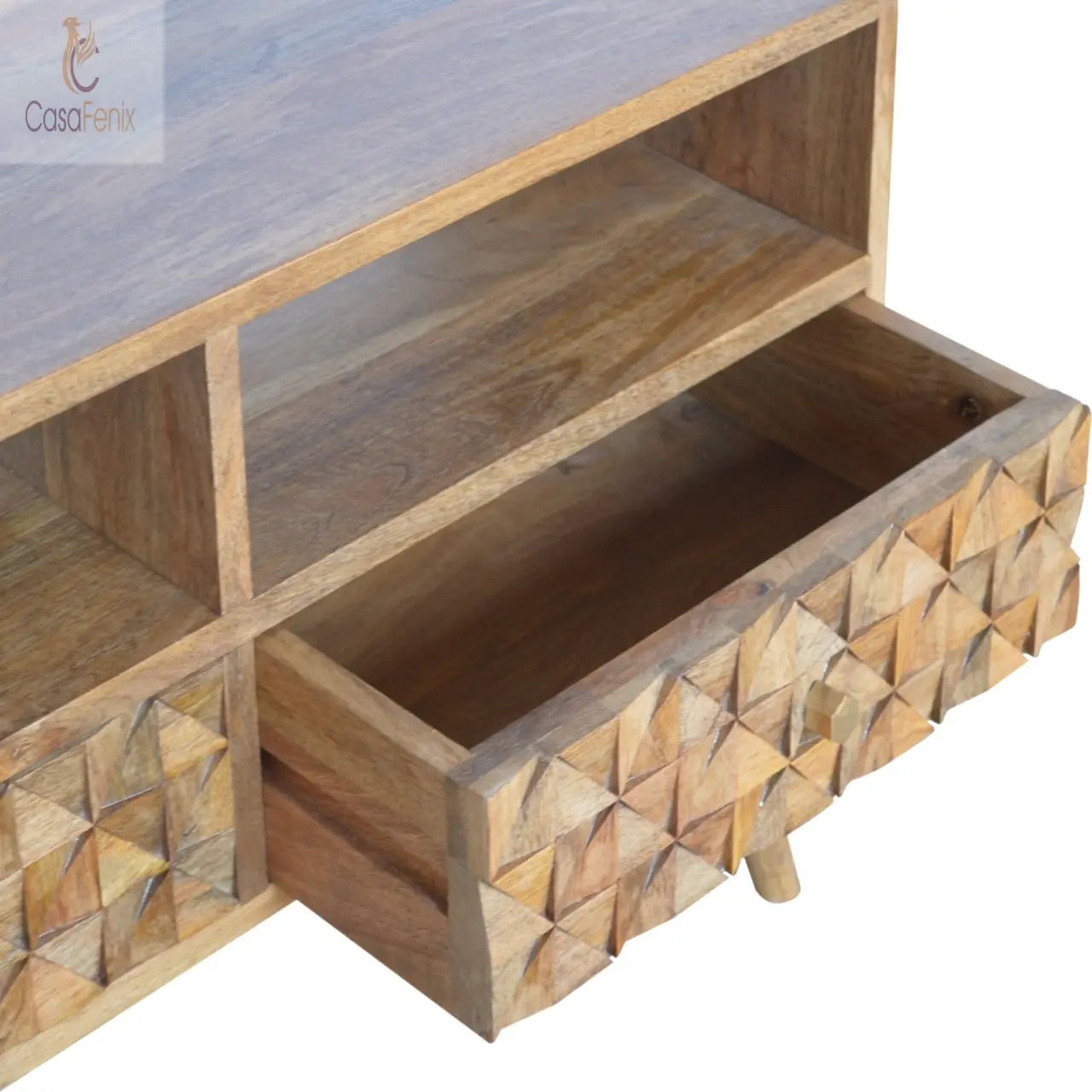 Diamond Carved TV Unit 2 Drawers Solid Wood Oak-Ish FInish - CasaFenix