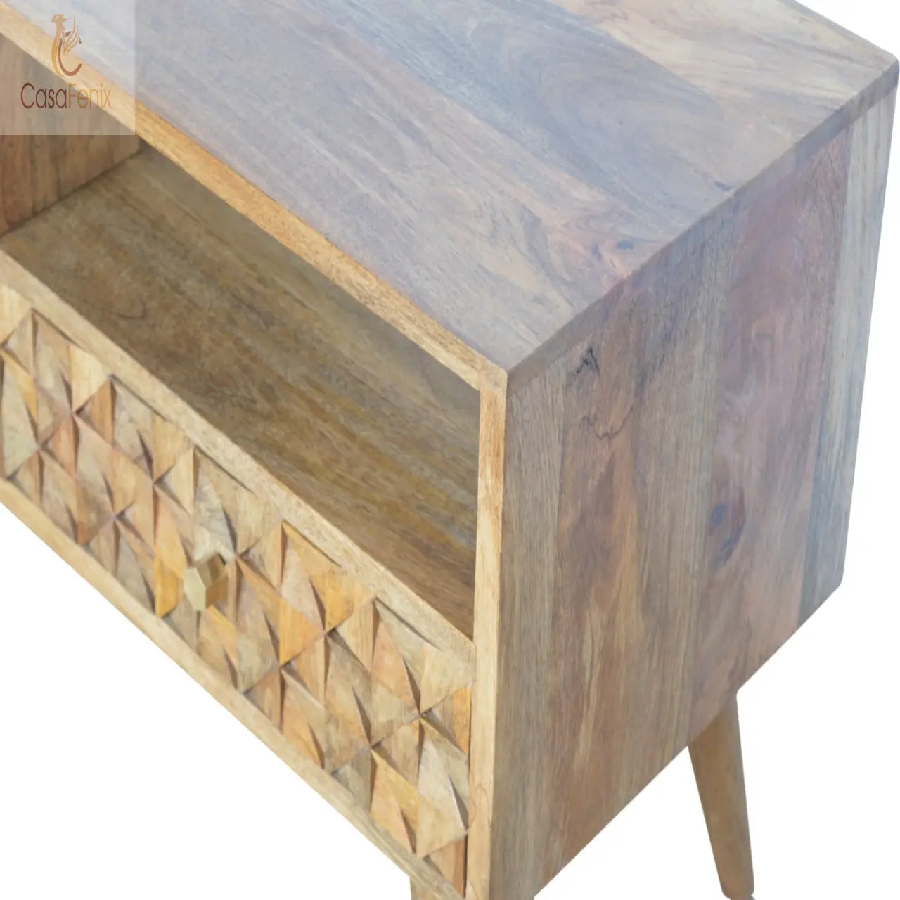 Diamond Carved TV Unit 2 Drawers Solid Wood Oak-Ish FInish - CasaFenix