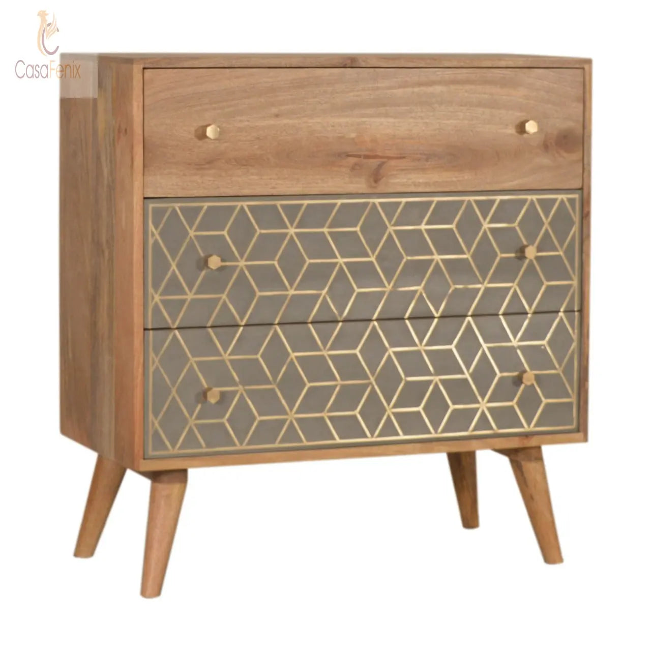 Dice 3 Drawer Chest 100% solid mango wood in an oak-ish finish - CasaFenix