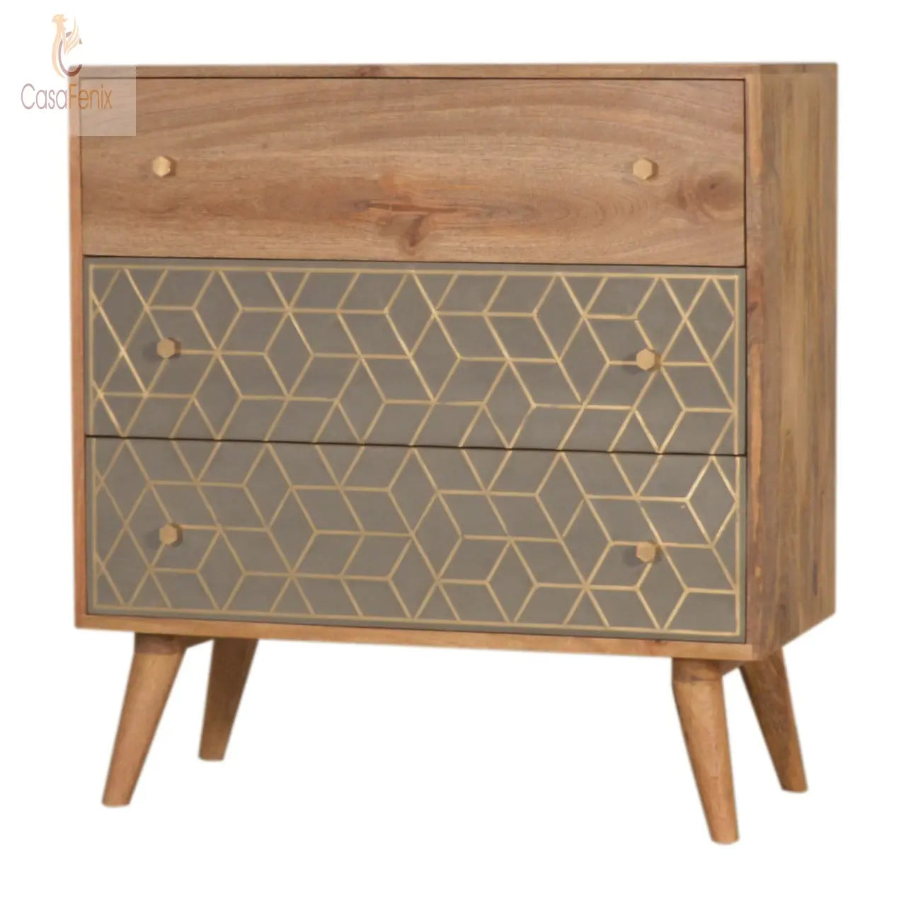 Dice 3 Drawer Chest 100% solid mango wood in an oak-ish finish - CasaFenix