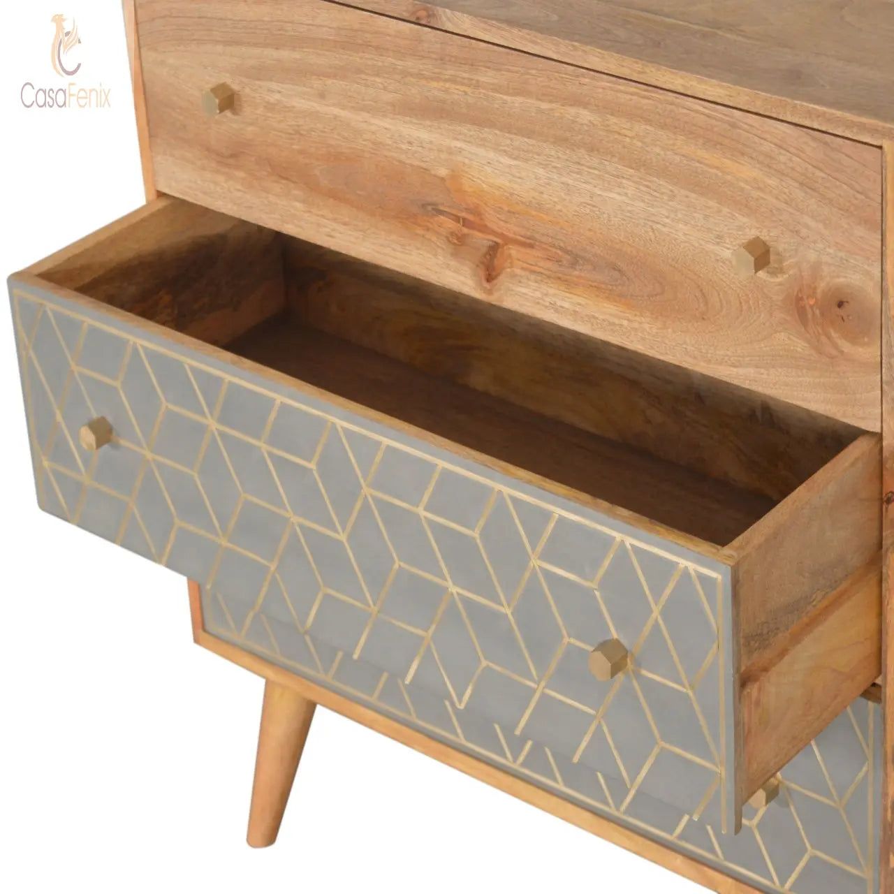 Dice 3 Drawer Chest 100% solid mango wood in an oak-ish finish - CasaFenix