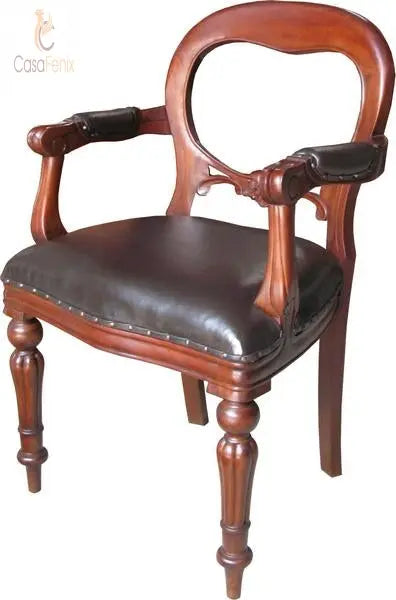 Mahogany & Leather Office / Dining Chair Dutch Carver Antique Style Reproduction CasaFenix