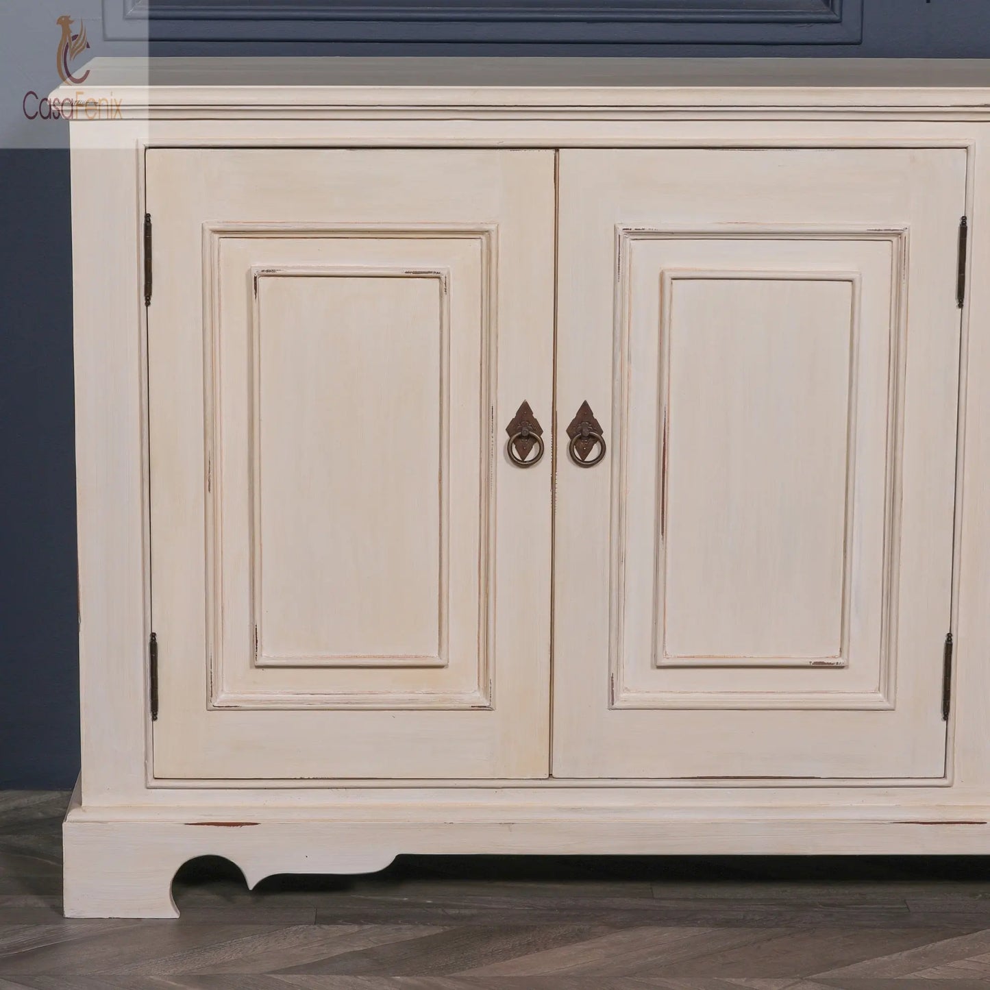 Distressed Aged White Mahogany Brush Painted Classical 4 Door Sideboard - CasaFenix