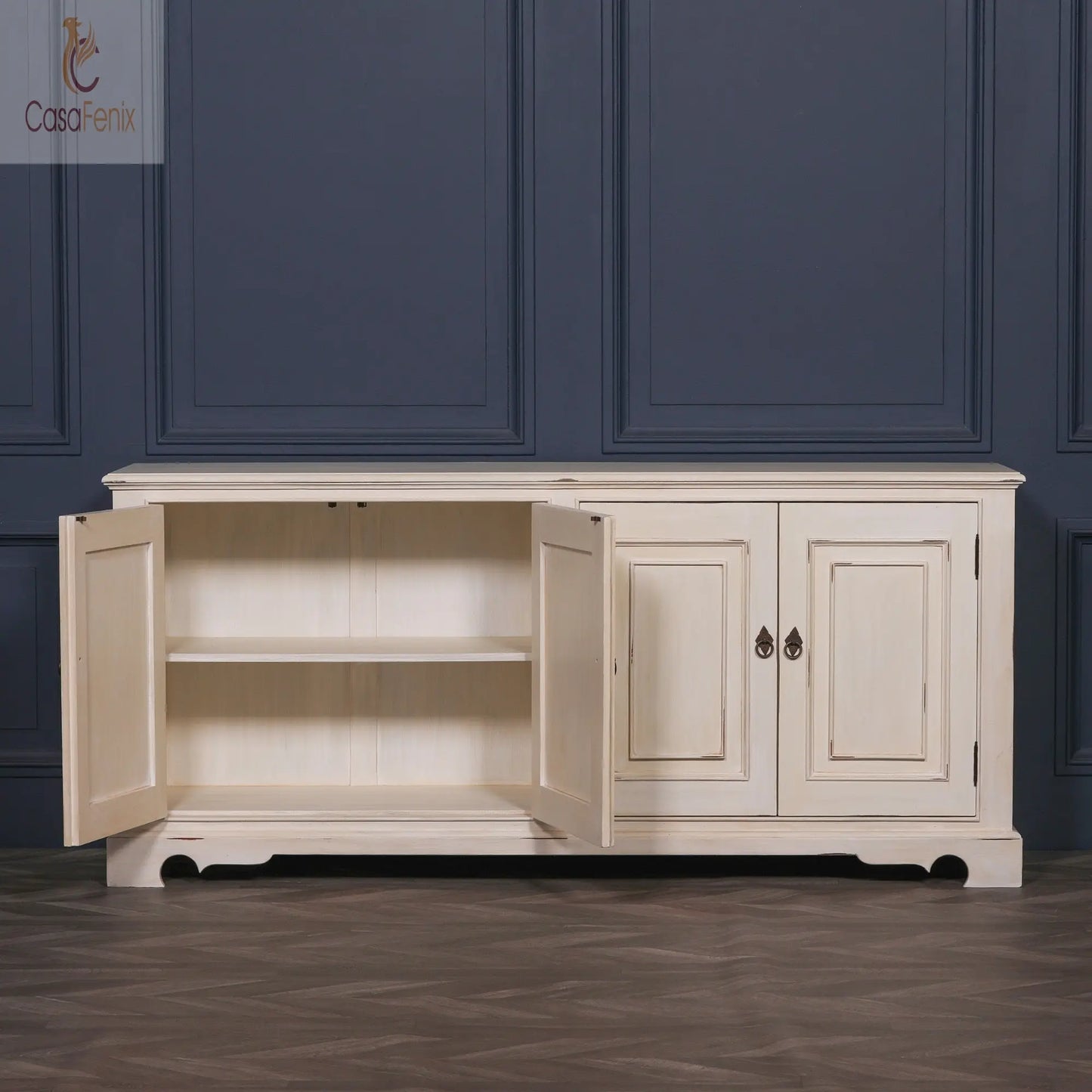 Distressed Aged White Mahogany Brush Painted Classical 4 Door Sideboard - CasaFenix