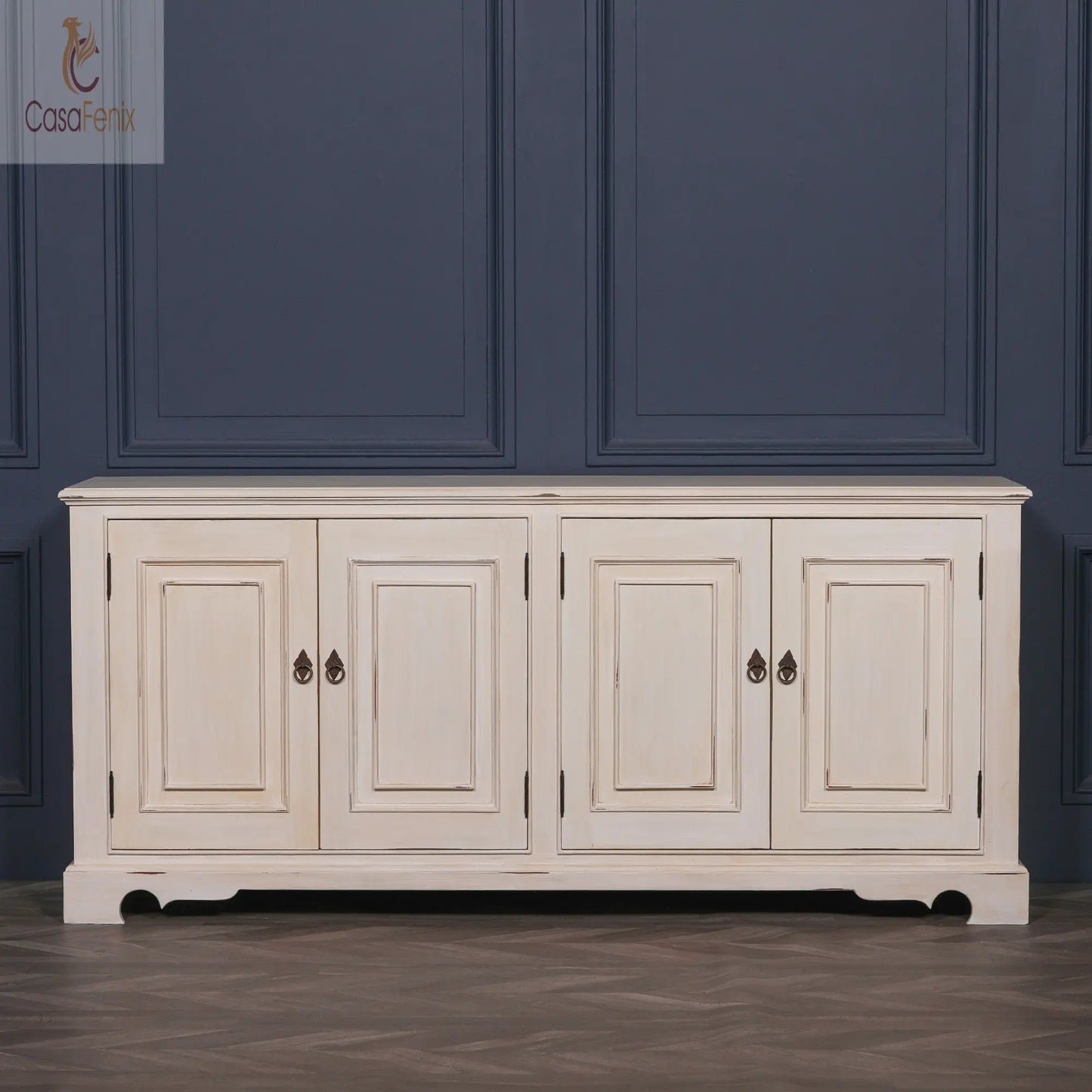 Distressed Aged White Mahogany Brush Painted Classical 4 Door Sideboard - CasaFenix