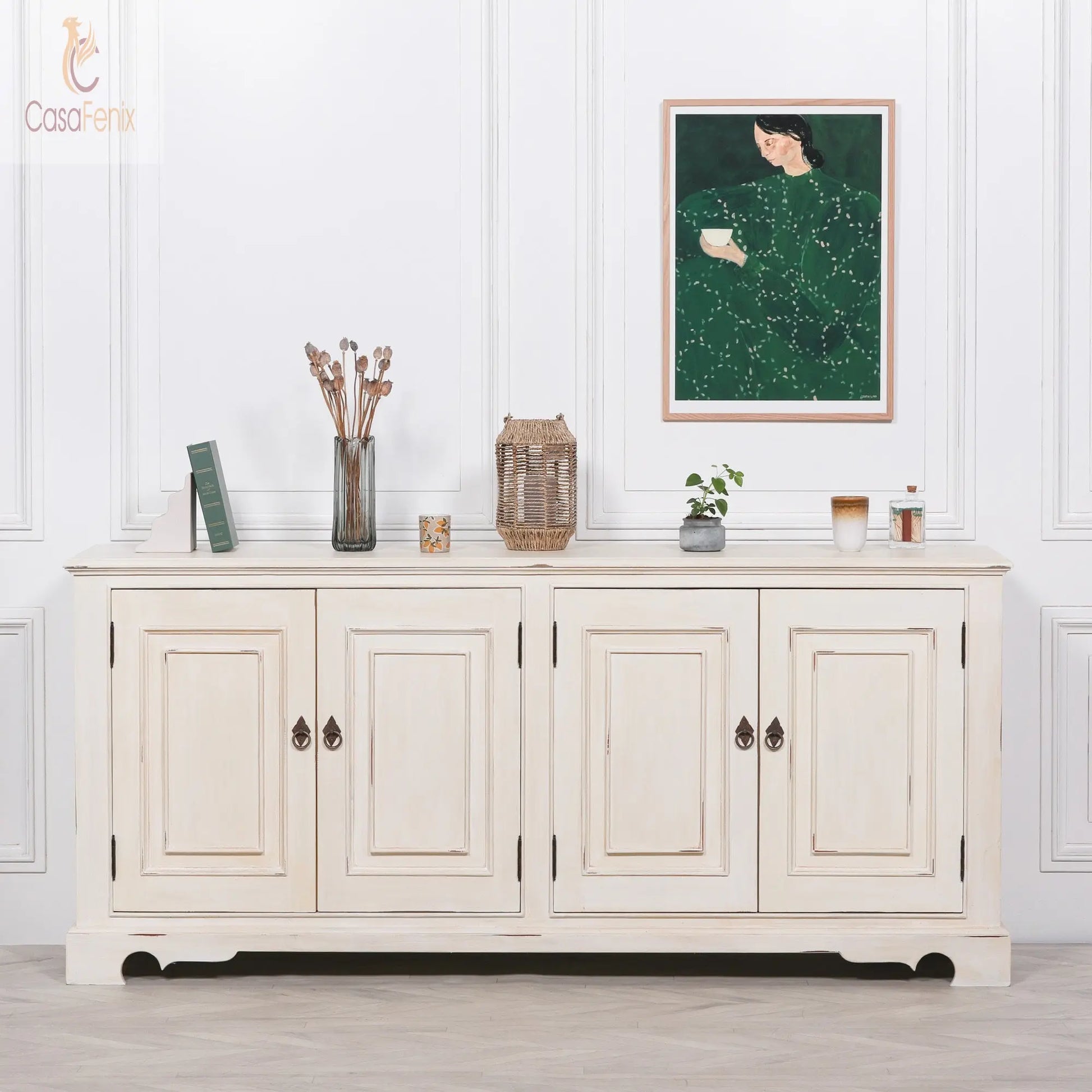 Distressed Aged White Mahogany Brush Painted Classical 4 Door Sideboard - CasaFenix