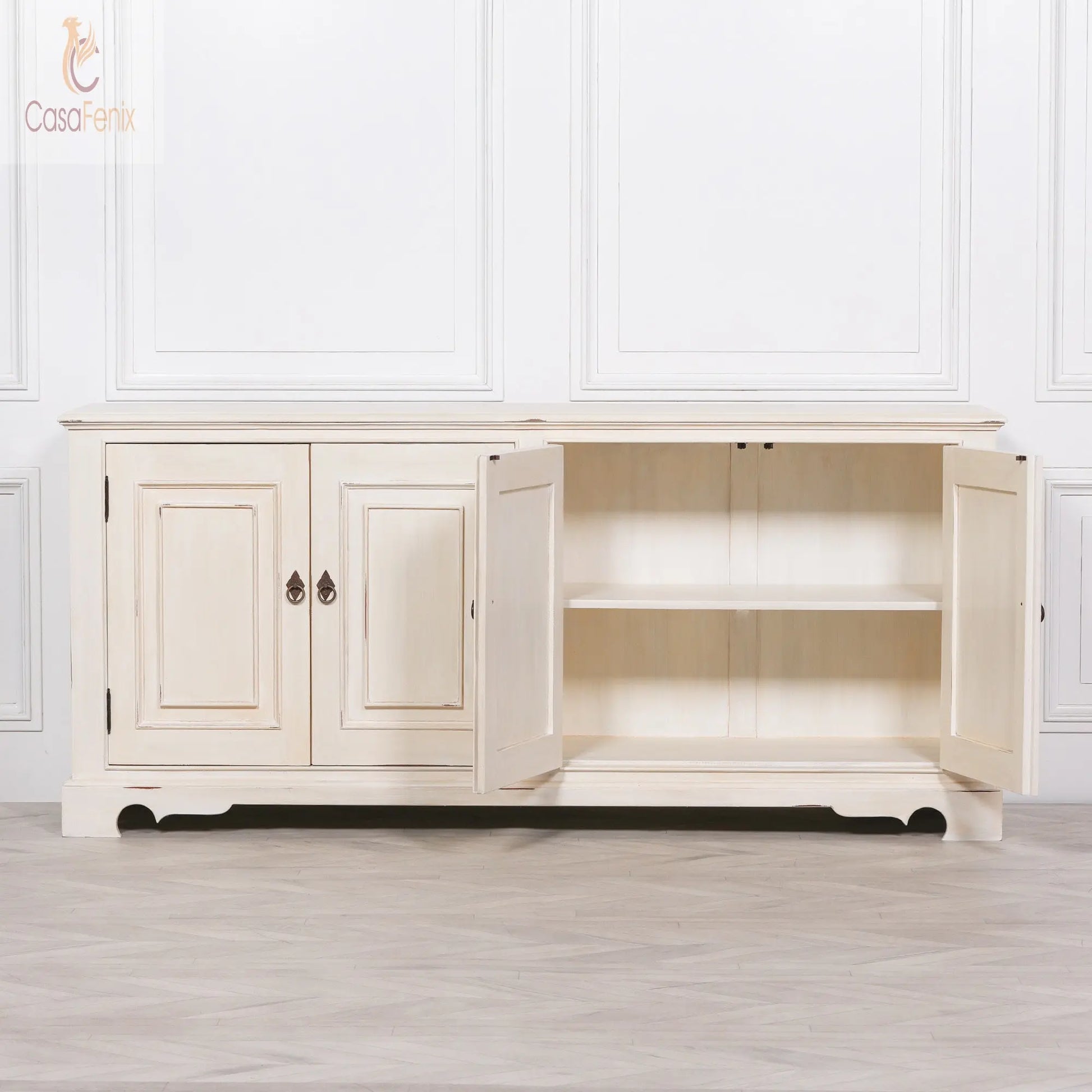 Distressed Aged White Mahogany Brush Painted Classical 4 Door Sideboard - CasaFenix