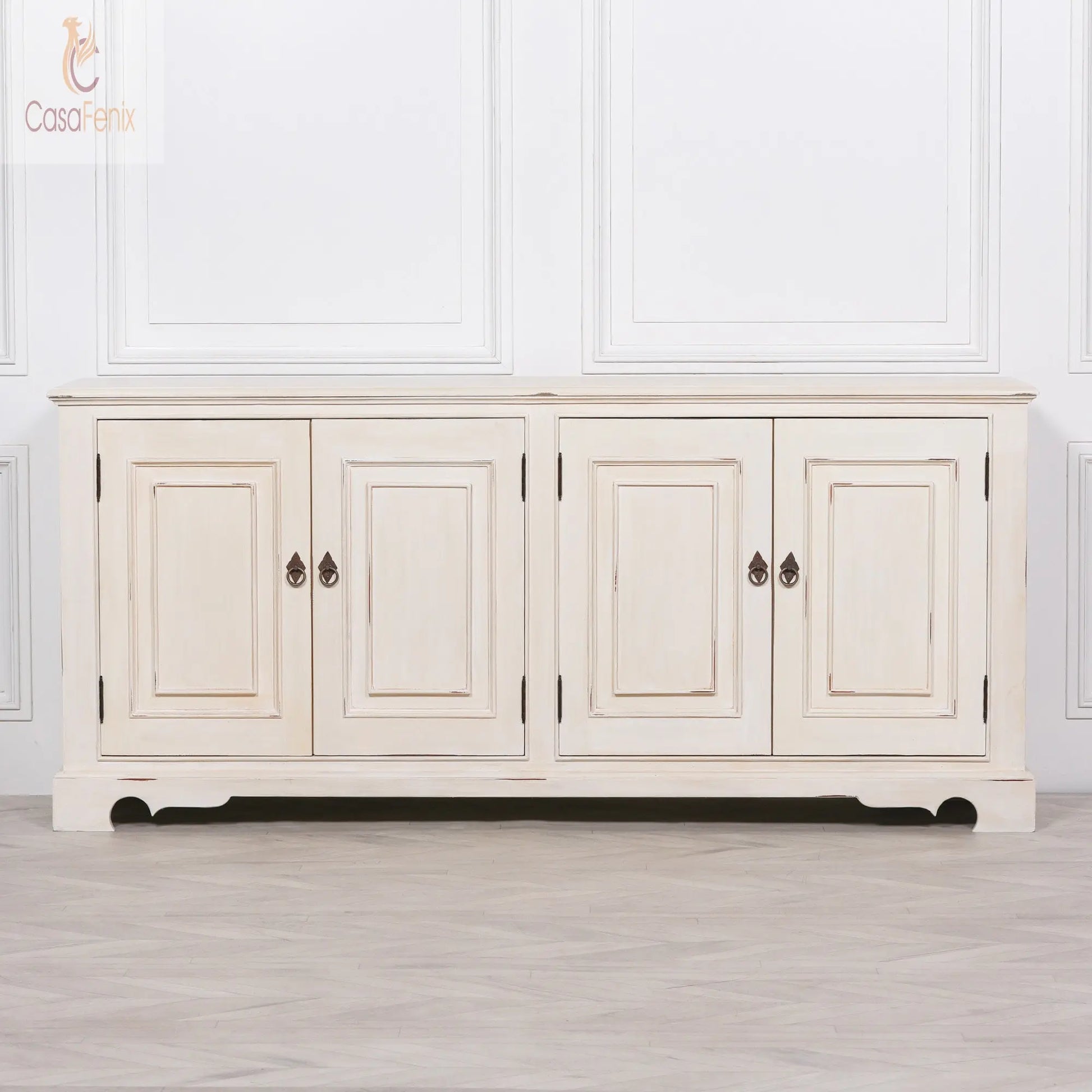 Distressed Aged White Mahogany Brush Painted Classical 4 Door Sideboard - CasaFenix