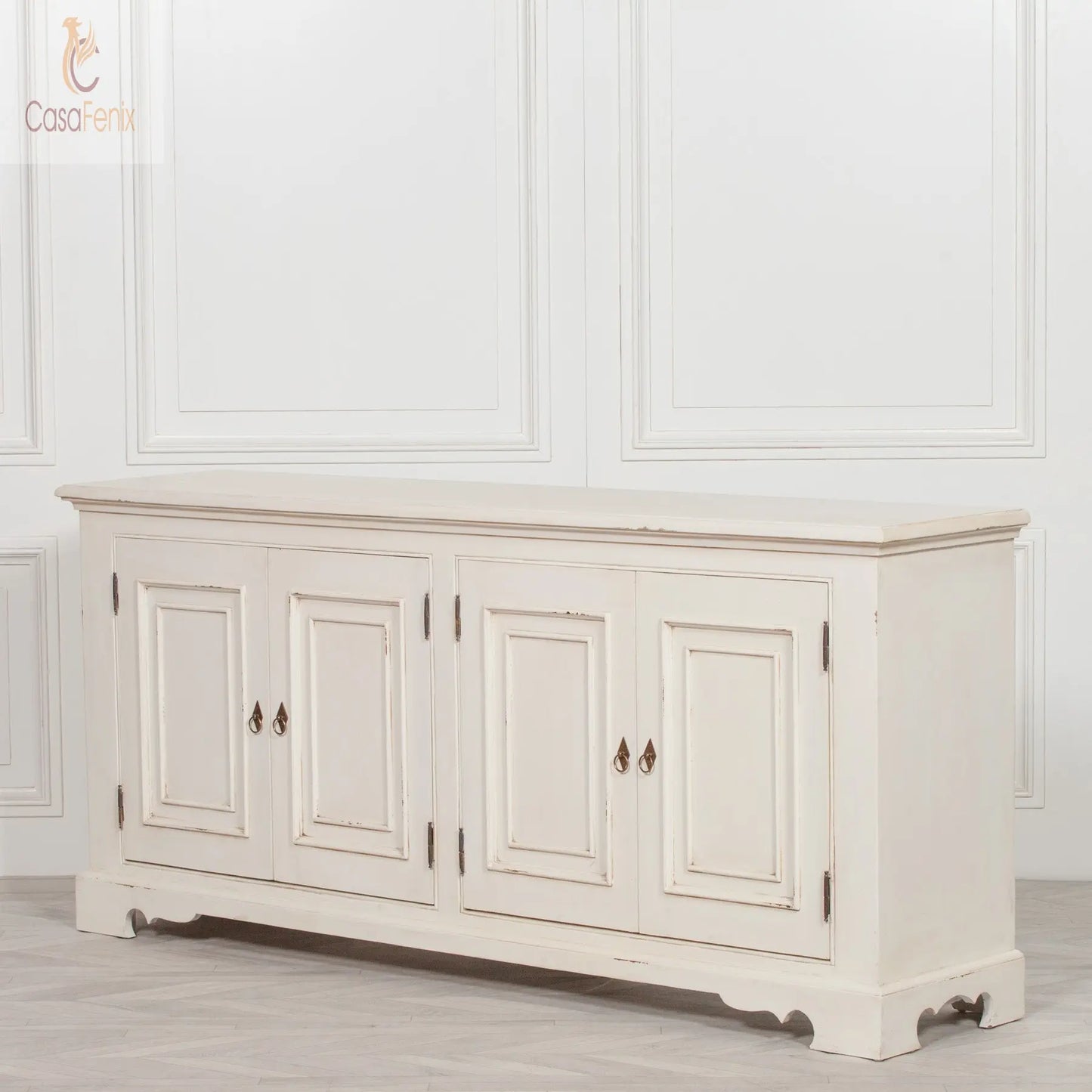 Distressed Aged White Mahogany Brush Painted Classical 4 Door Sideboard - CasaFenix