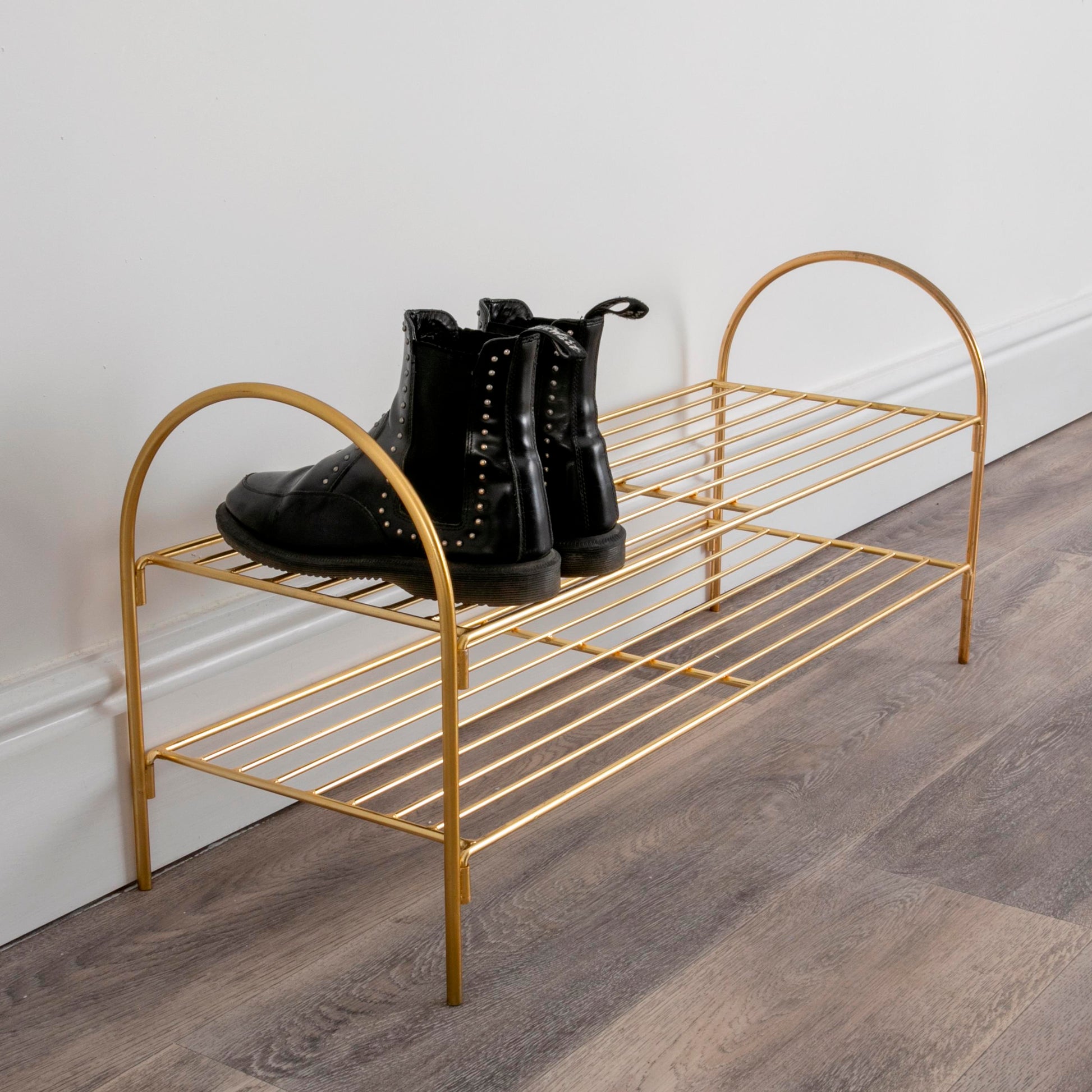 Gold Metal Open Design Shoe Rack 80cm Wide Hall Storage Shoe Rack CasaFenix