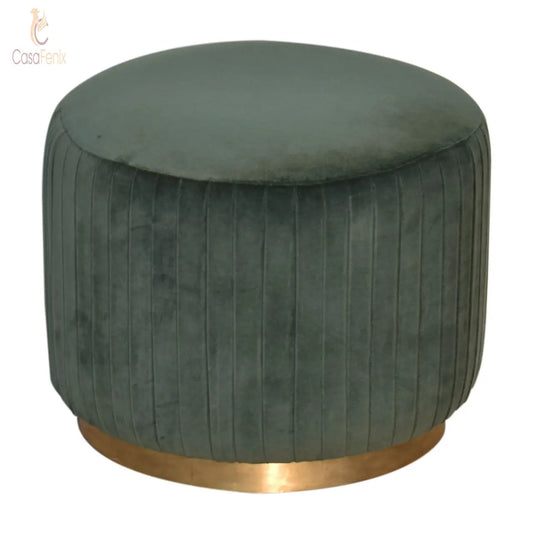 Emerald Green Cotton Velvet Pleated Footstool with Gold Base - CasaFenix