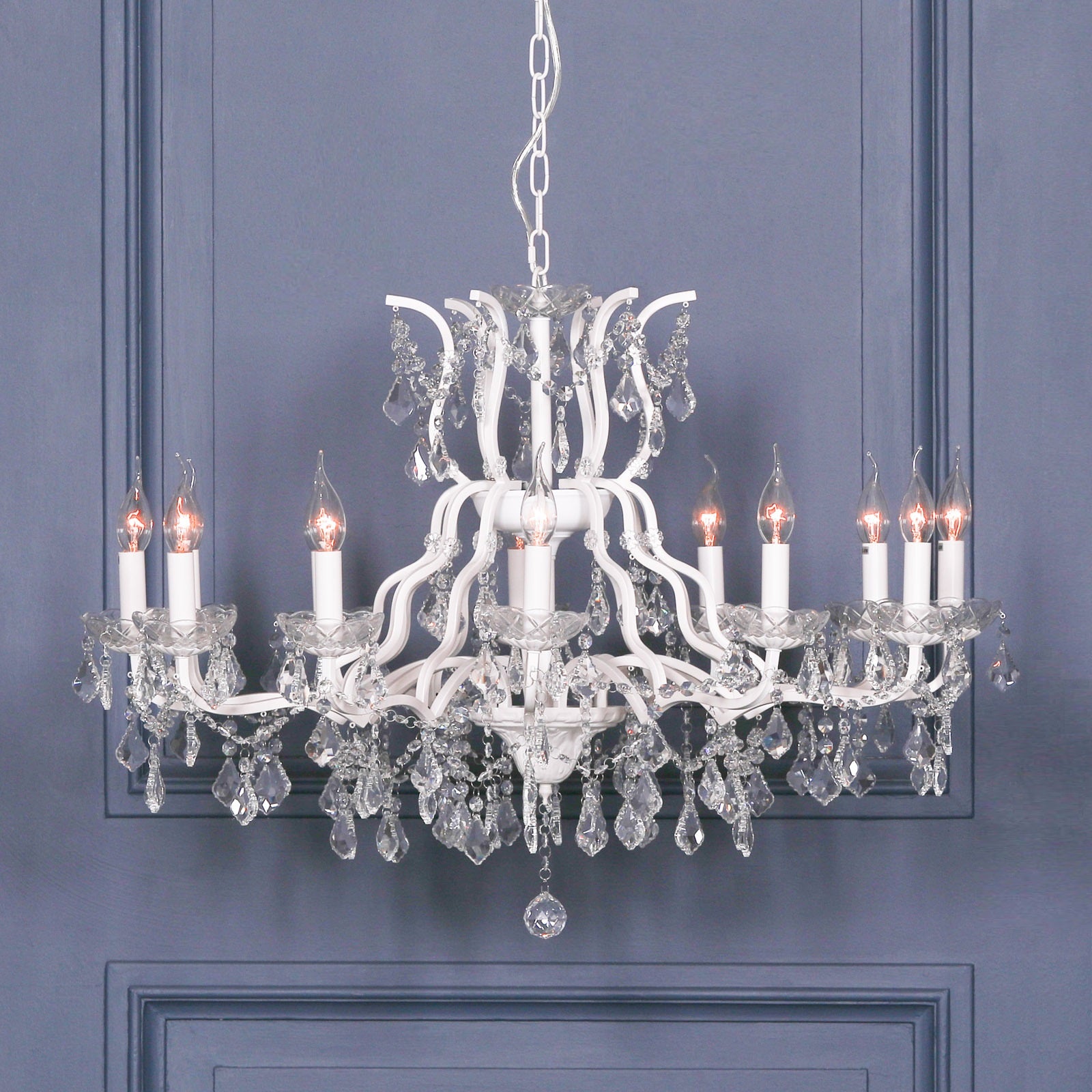 White 12 Branch Shallow Cut Glass Chandelier CasaFenix