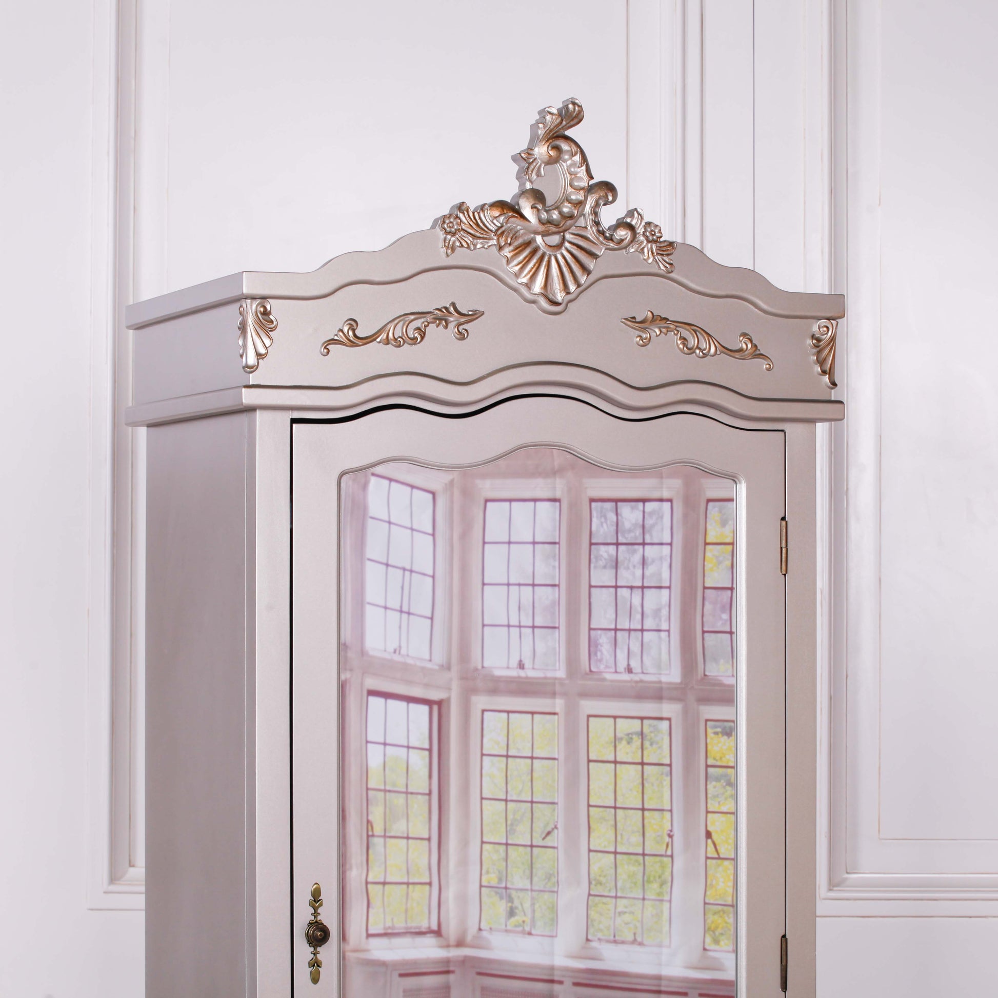 French Silver Single Door Armoire with Mirrored Door CasaFenix