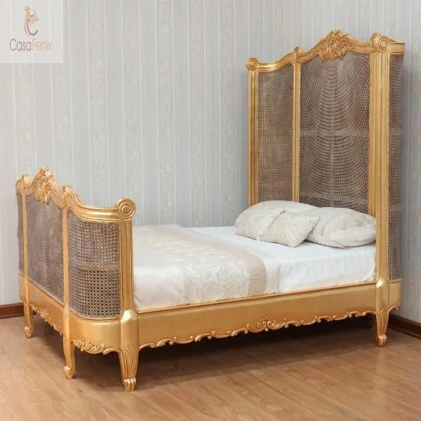 French Carved Mahogany Rattan Curved Bed V High Headboard - CasaFenix