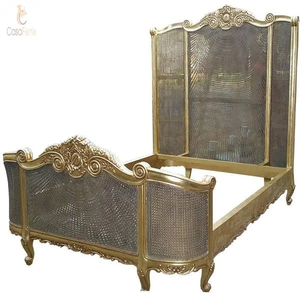 French Carved Mahogany Rattan Curved Bed V High Headboard - CasaFenix