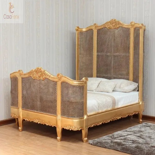 French Carved Mahogany Rattan Curved Bed V High Headboard - CasaFenix