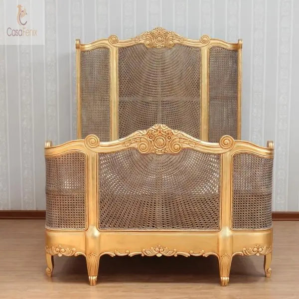 French Carved Mahogany Rattan Curved Bed V High Headboard - CasaFenix