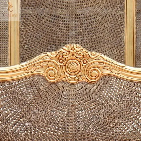 French Carved Mahogany Rattan Curved Bed V High Headboard - CasaFenix