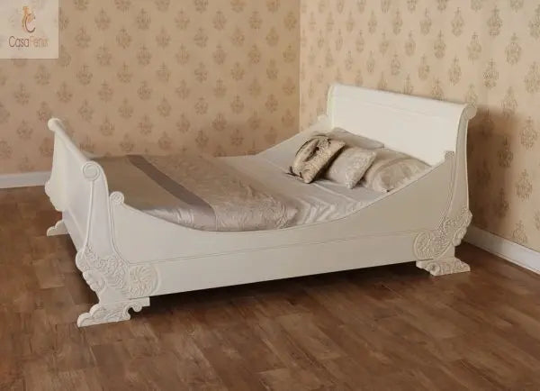 French Carved Traditional Sleigh Bed Solid Mahogany - CasaFenix