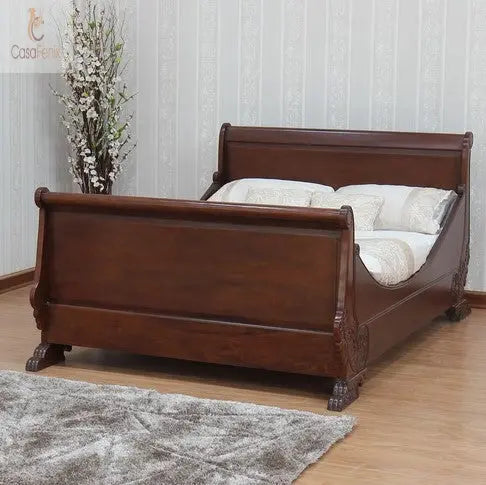 French Carved Traditional Sleigh Bed Solid Mahogany - CasaFenix