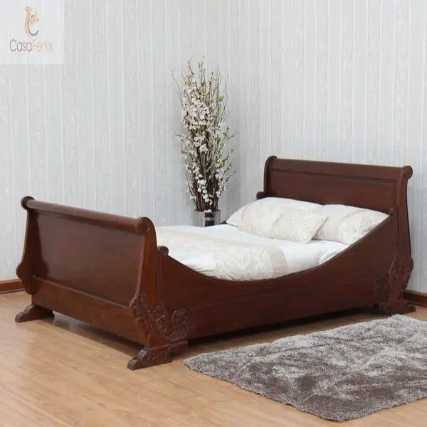 French Carved Traditional Sleigh Bed Solid Mahogany - CasaFenix