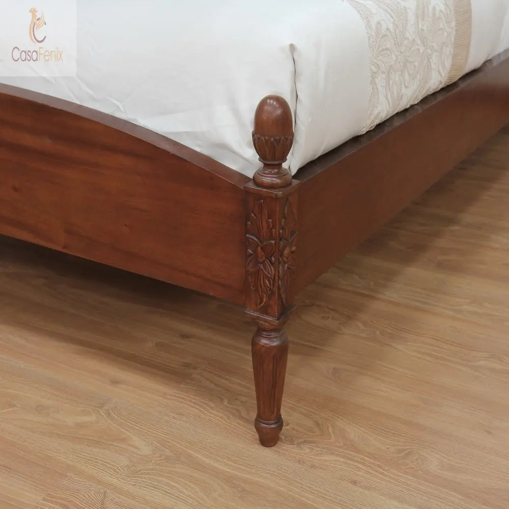 French Colonial Style Rattan & Solid Mahogany Bed Low Foot Board - CasaFenix