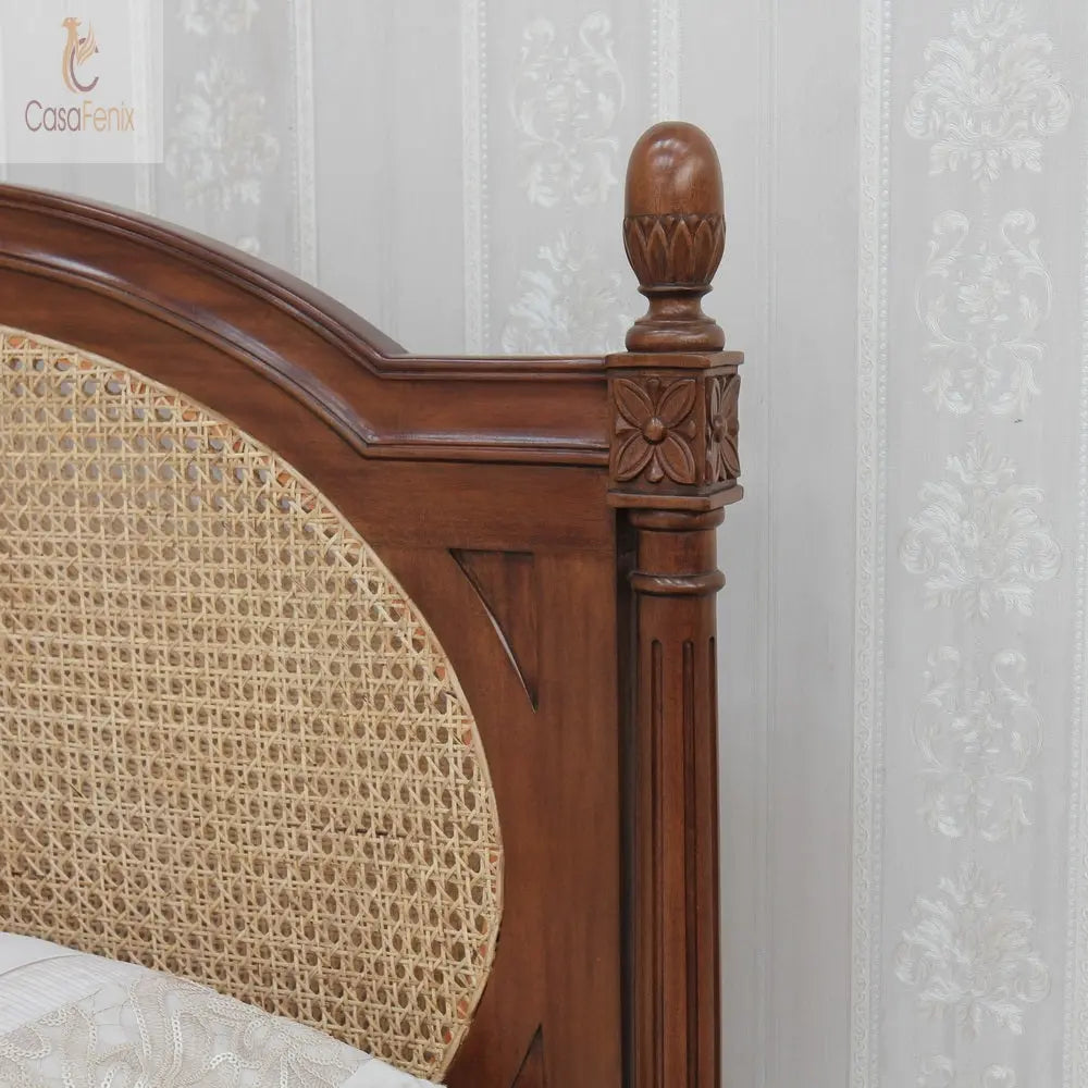 French Colonial Style Rattan & Solid Mahogany Bed Low Foot Board - CasaFenix