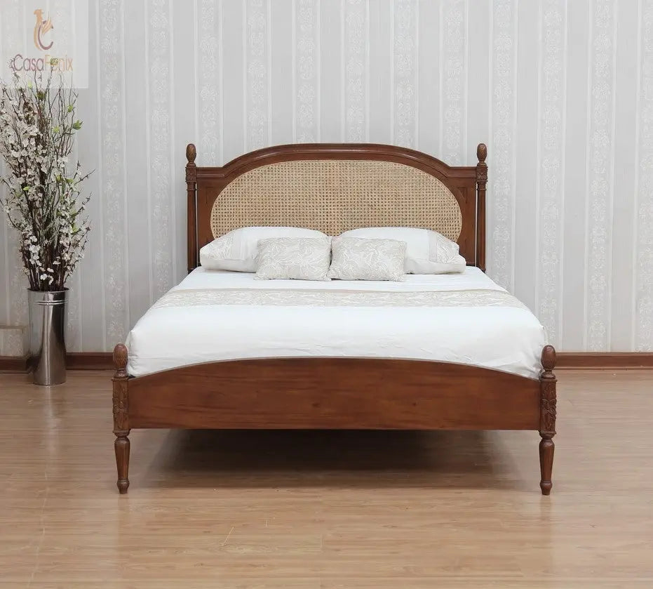 French Colonial Style Rattan & Solid Mahogany Bed Low Foot Board - CasaFenix