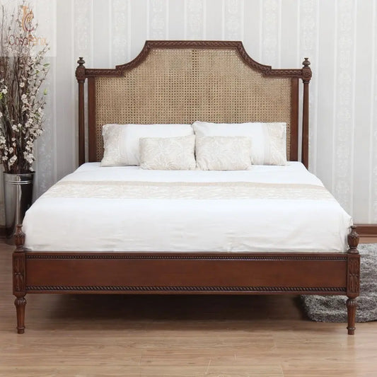 French Colonial Style Rattan & Solid Mahogany Bed With A Wax Finish - CasaFenix