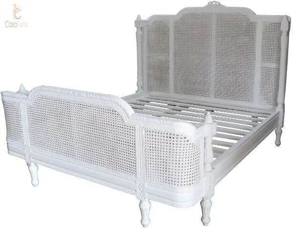 French Provencal Style Mahogany & Rattan Bed High Headboard - CasaFenix