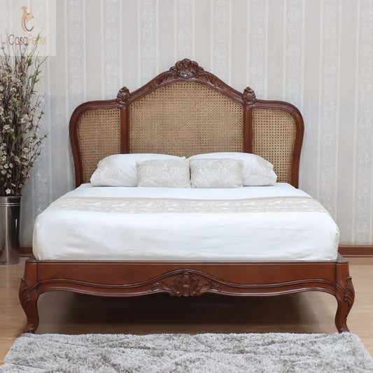 French Shaped Rattan Bed With Low Foot Board & High Rattan Head Board - CasaFenix