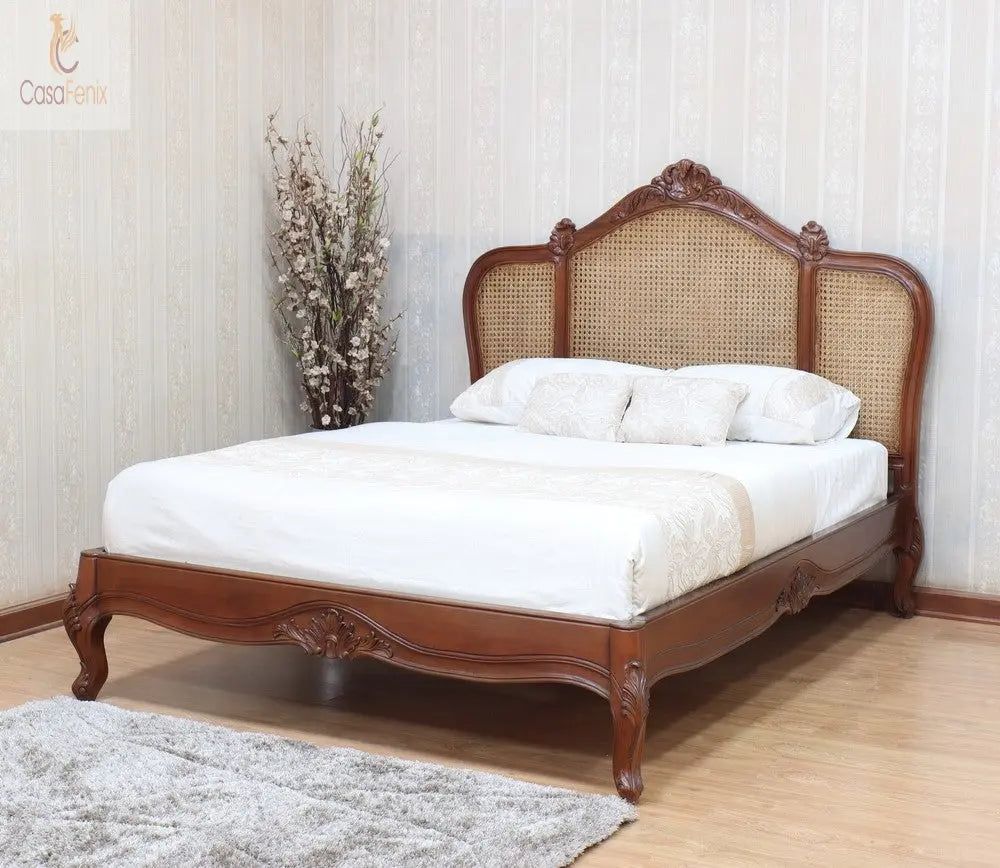 French Shaped Rattan Bed With Low Foot Board & High Rattan Head Board - CasaFenix