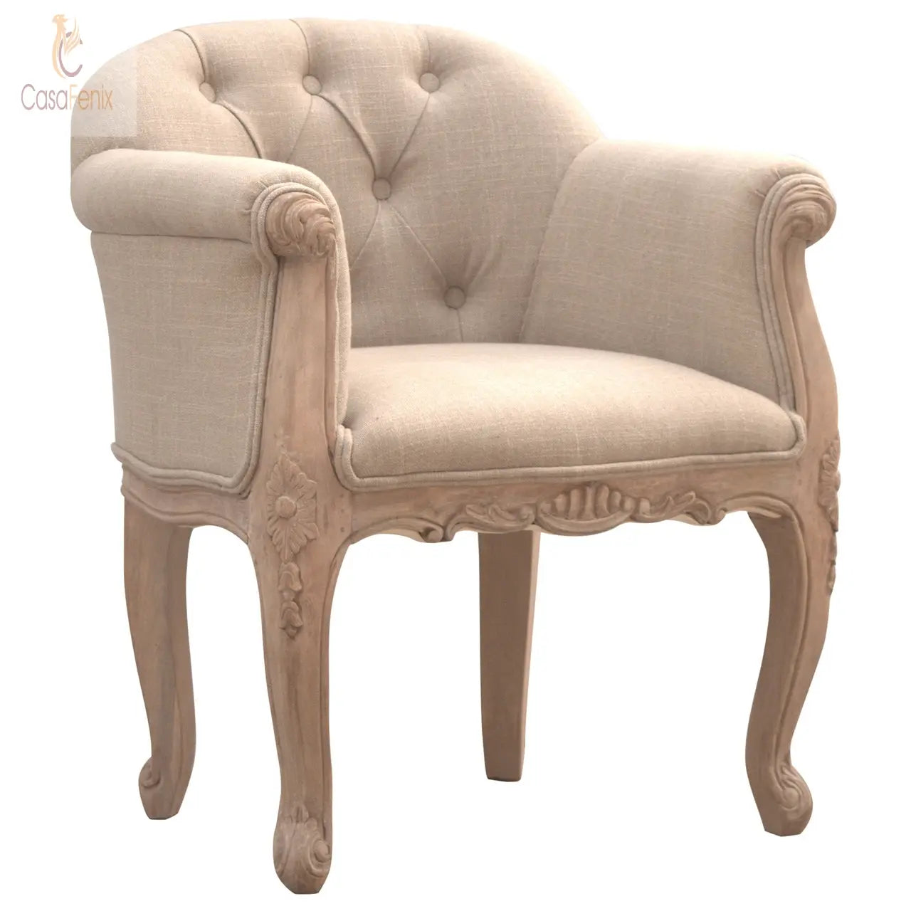 French Style Deep Button Chair 100% solid mango wood and upholstered in mud linen - CasaFenix