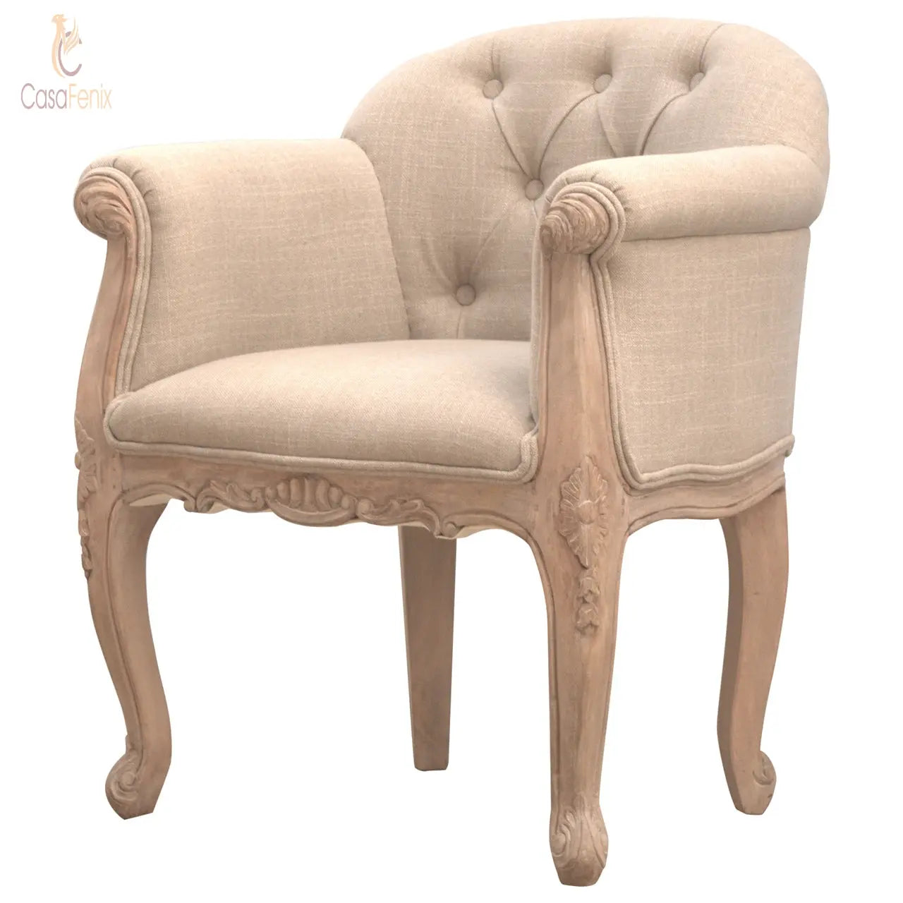 French Style Deep Button Chair 100% solid mango wood and upholstered in mud linen - CasaFenix