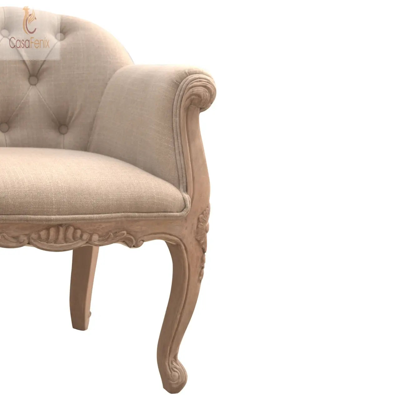 French Style Deep Button Chair 100% solid mango wood and upholstered in mud linen - CasaFenix