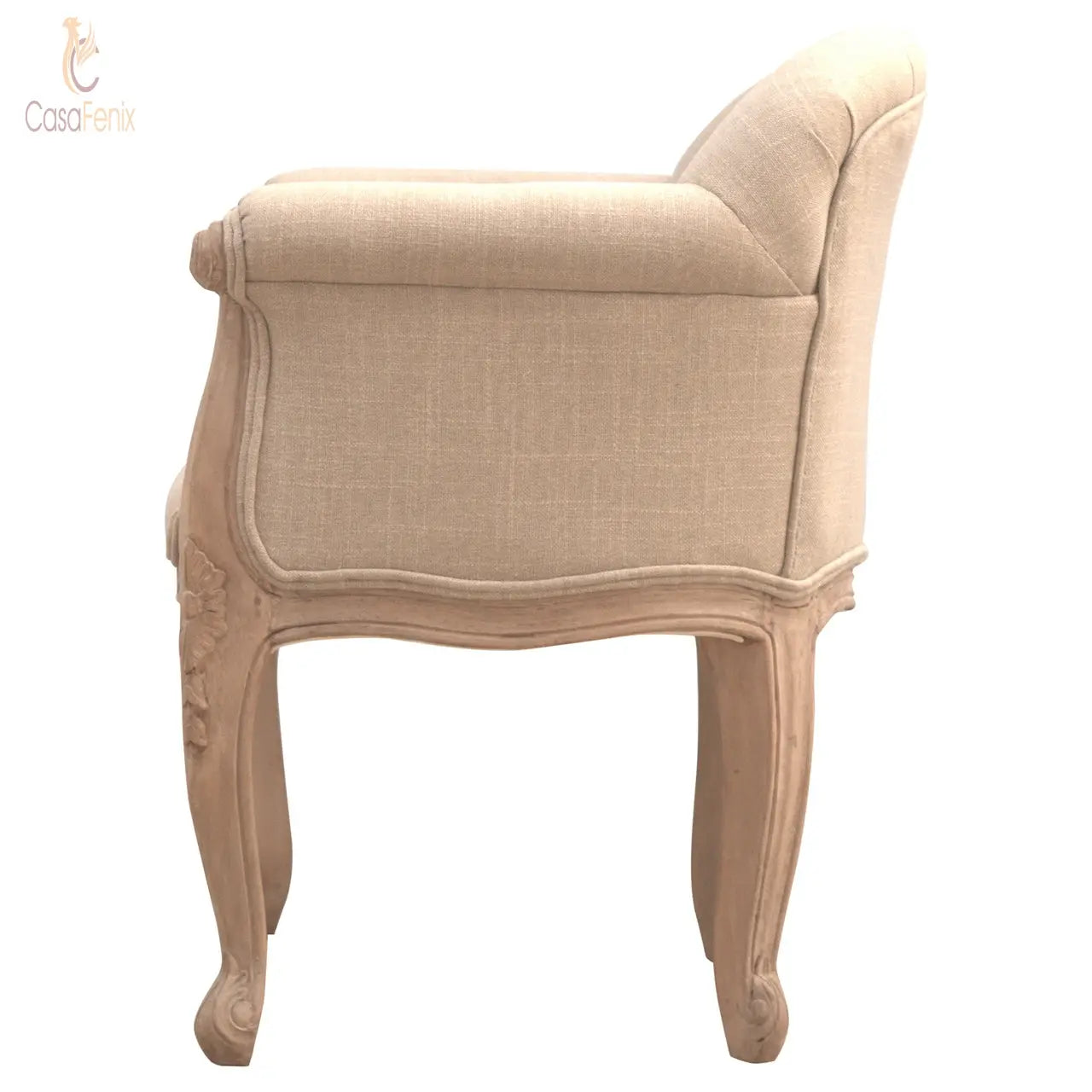 French Style Deep Button Chair 100% solid mango wood and upholstered in mud linen - CasaFenix
