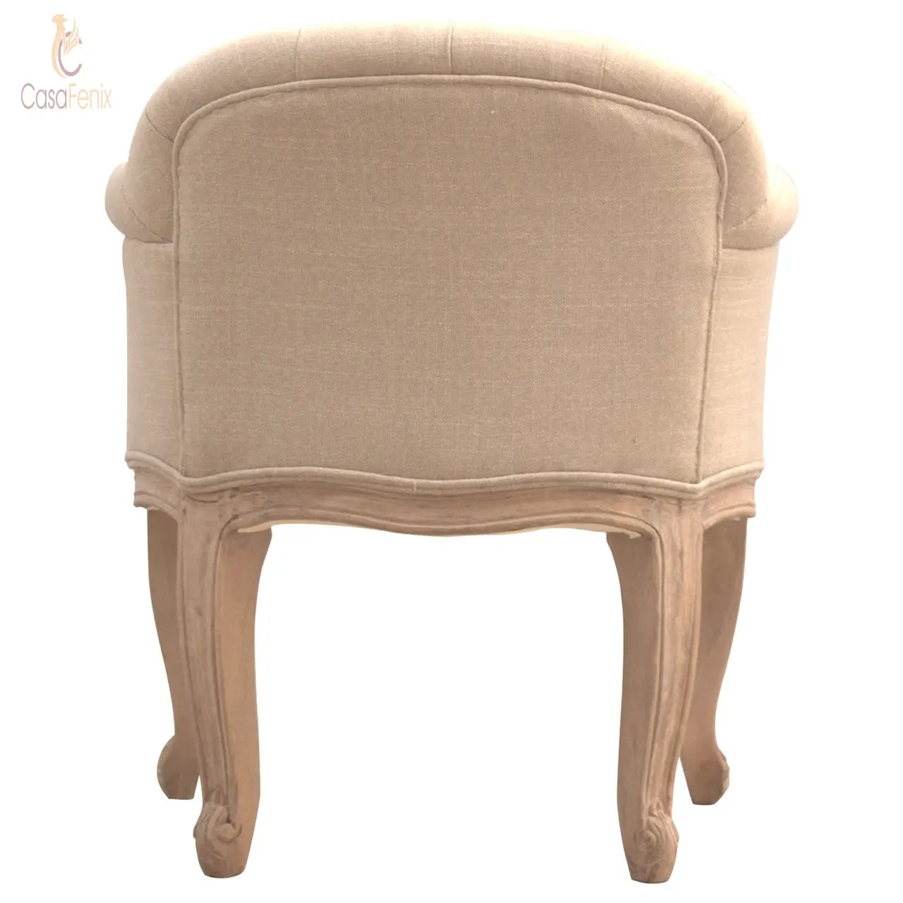 French Style Deep Button Chair 100% solid mango wood and upholstered in mud linen - CasaFenix