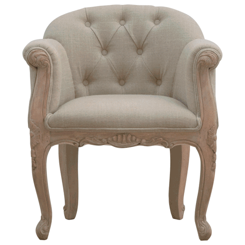 French Style Deep Button Chair 100% solid mango wood and upholstered in mud linen Chairs CasaFenix