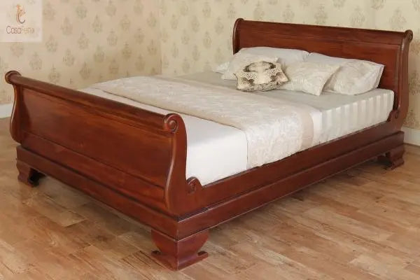 French Style Solid Mahogany Sleigh Bed With 80cm High Foot Board - CasaFenix