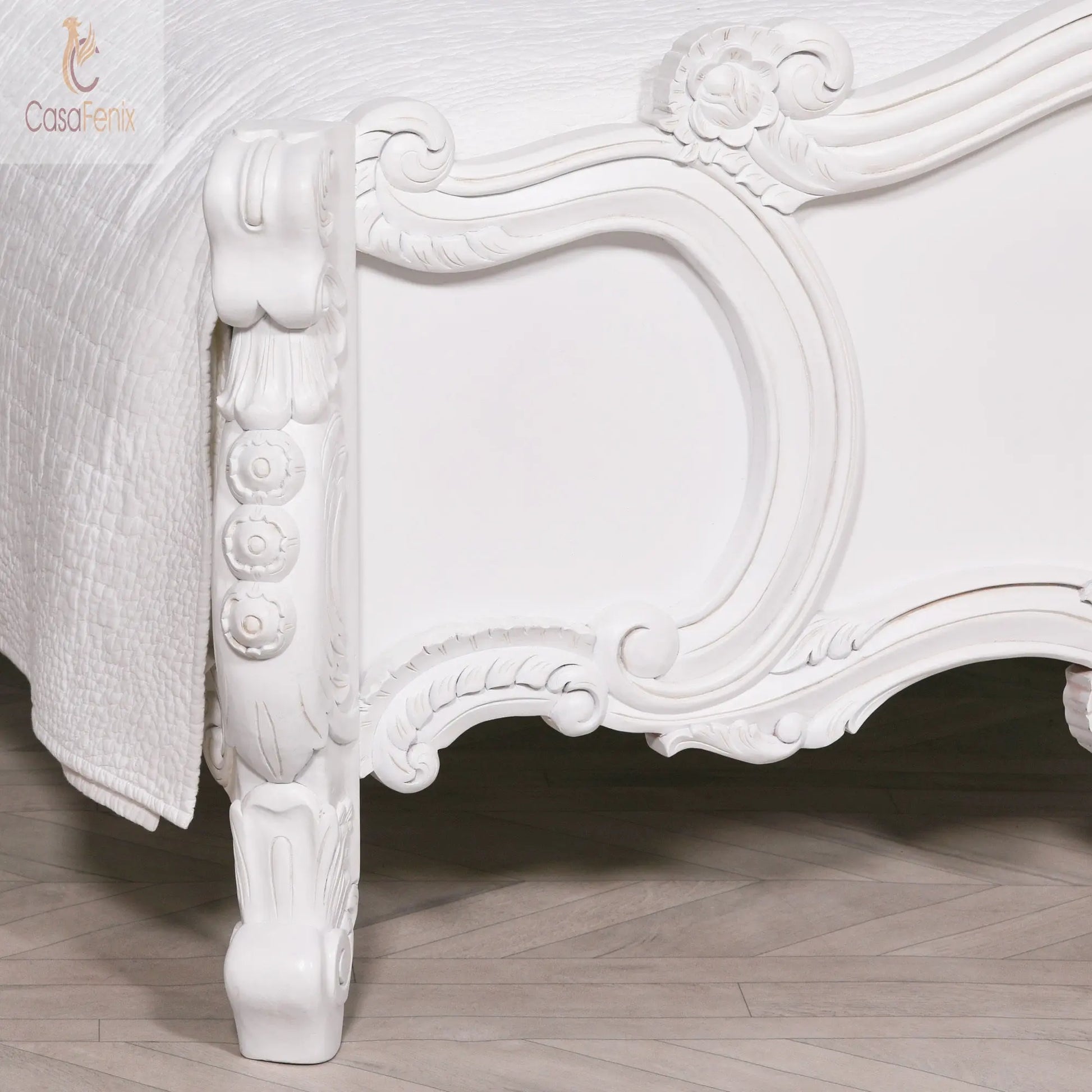 French White Carved Rose Cherub King Size 5ft Bed Frame - CasaFenix