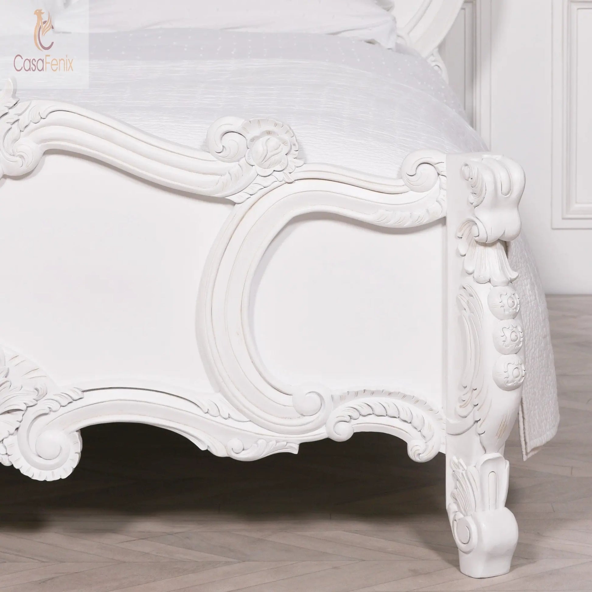 French White Carved Rose Cherub King Size 5ft Bed Frame - CasaFenix