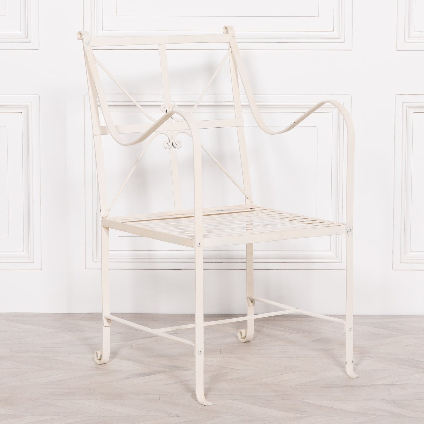 Iron Frame Off White / Cream Distressed Garden Dining Chair CasaFenix