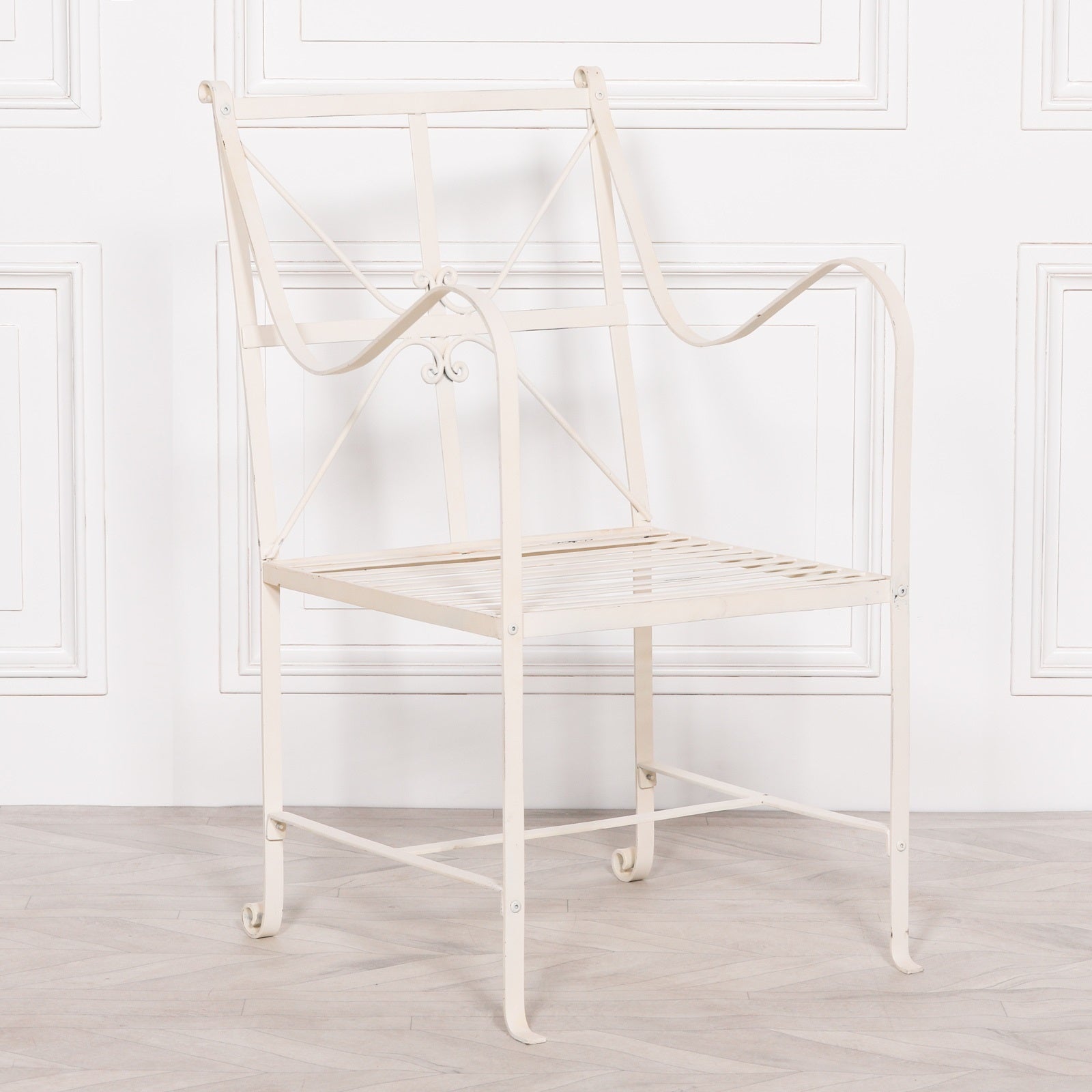 Iron Frame Off White / Cream Distressed Garden Dining Chair CasaFenix